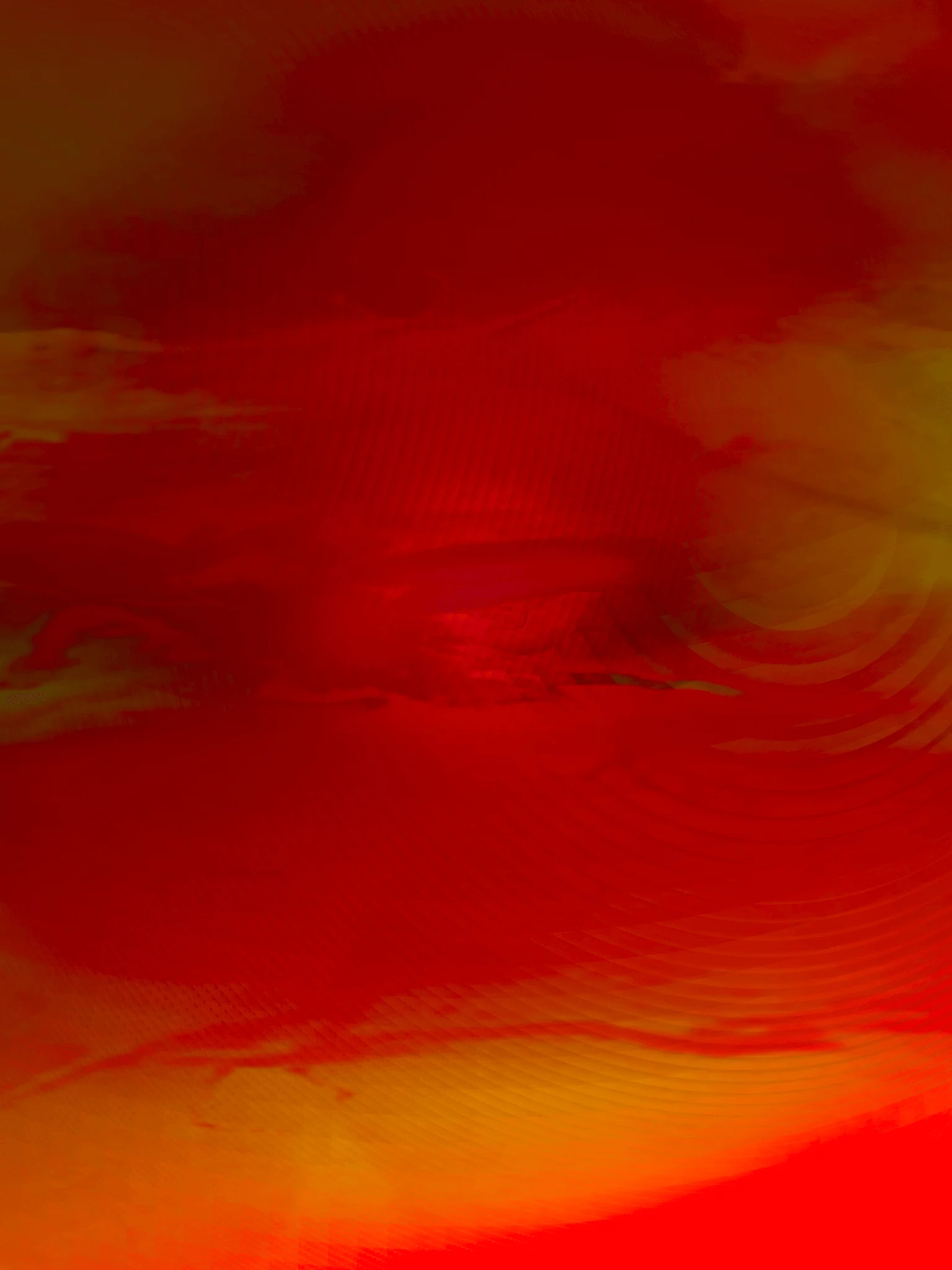 MATTHEW SWARTS Contemporary abstract digital artwork with swirling patterns in shades of red, orange, and yellow creates a fiery, dynamic visual effect. The image features a textured, layered appearance with hints of circular wave-like forms throughout.