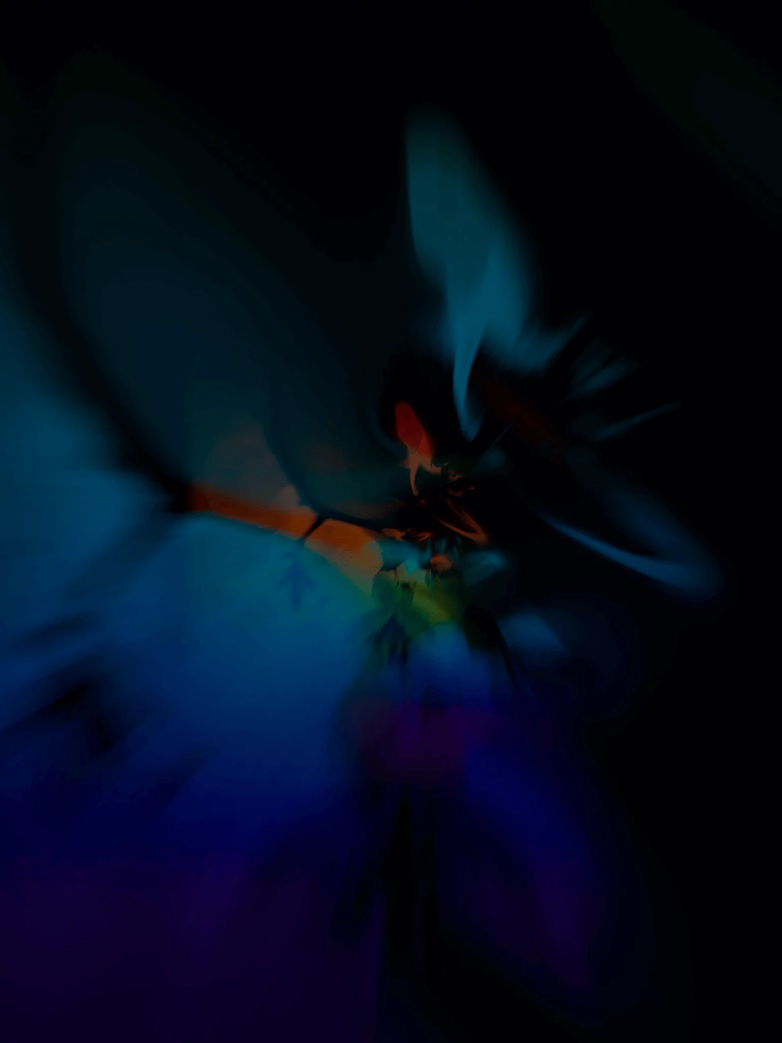 MATTHEW SWARTS Abstract VISUAL art image featuring swirling, vibrant colors of blue, orange, and red, blending and radiating from a central point, creating a sense of motion against a dark background—a signature style reminiscent of MATTHEW SWARTS.