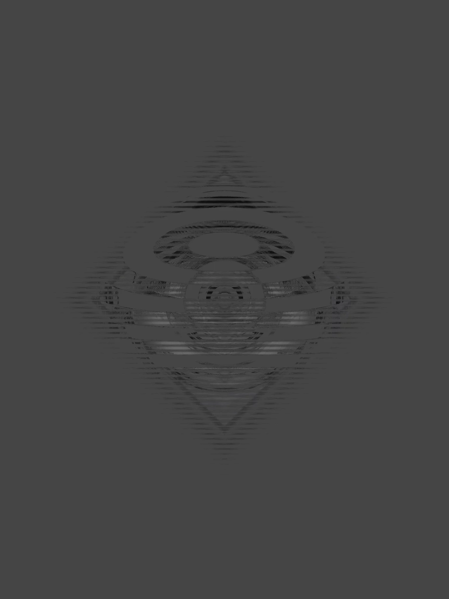 MATTHEW SWARTS Abstract digital art with concentric circular and diamond shapes in varying shades of gray, creating a symmetrical, layered pattern on a dark gray background. This contemporary visual piece has a futuristic, metallic feel.