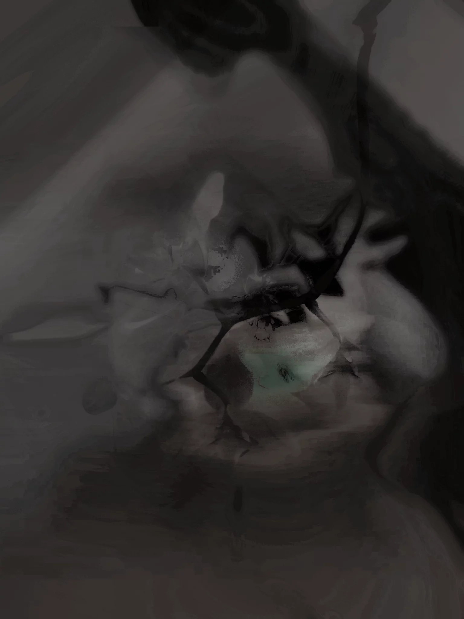 MATTHEW SWARTS Abstract, dark-toned visual resembling a partially obscured face with a central greenish eye and distorted, swirling shapes—blending organic and surreal elements in a smoky, shadowy atmosphere evocative of modern ART.