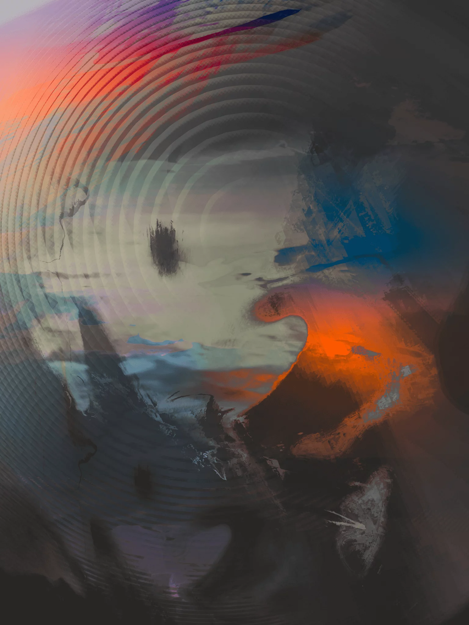 MATTHEW SWARTS Contemporary abstract digital artwork by Matthew Swarts with swirling patterns and circular ripples, blending dark tones with bright orange, blue, and pink hues to create a dynamic visual effect reminiscent of a surreal landscape or sky.