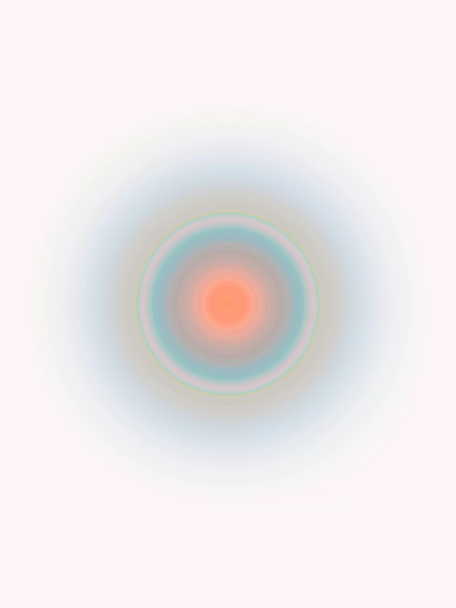 MATTHEW SWARTS A soft, concentric circle pattern brings visual harmony, with a warm orange-red center surrounded by rings of teal, green, and pale blue, fading gently into a light pink background—a true work of ART.