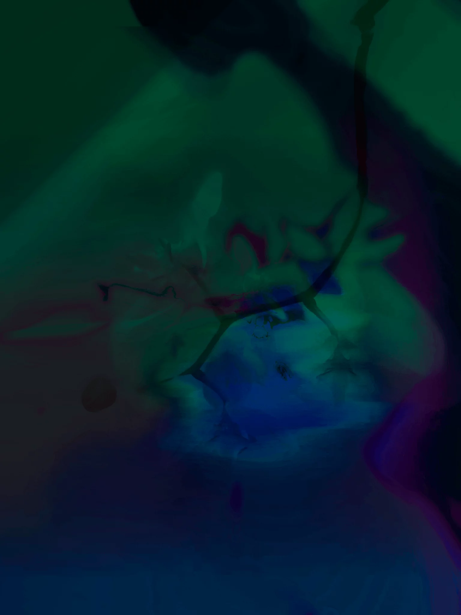MATTHEW SWARTS Abstract image with swirling shades of dark green, blue, and hints of purple. The colors blend softly with faint light areas and indistinct shapes, creating a mysterious, dreamlike atmosphere in this piece of contemporary visual art.