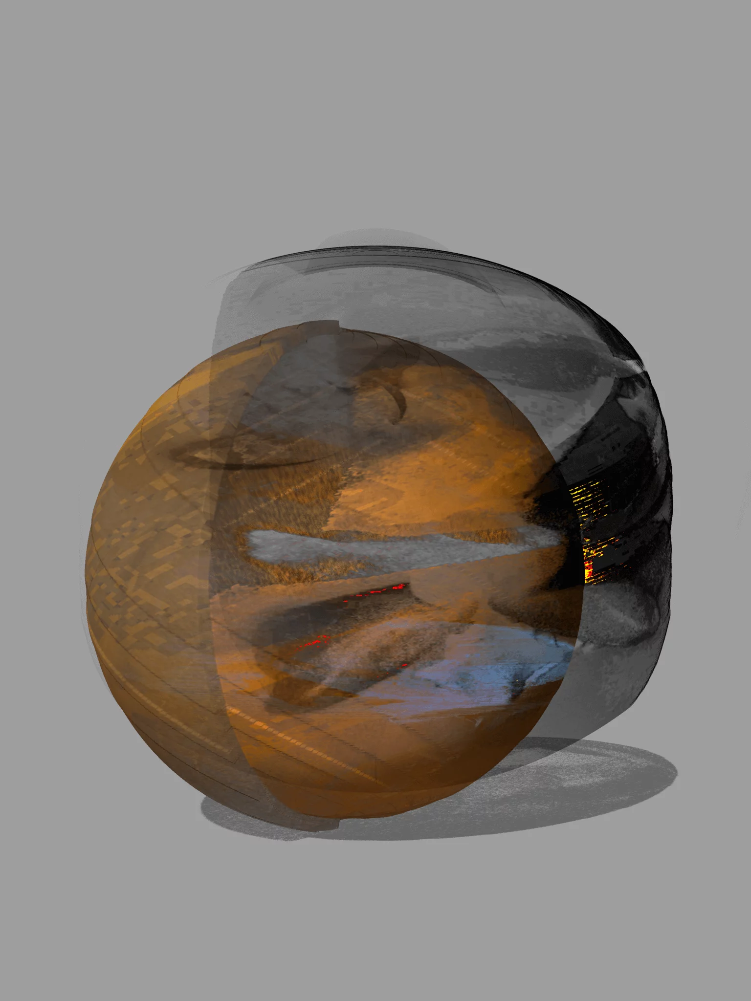 MATTHEW SWARTS A digital artwork by a skilled artist features two overlapping, semi-transparent spheres—one orange-brown with textured patterns, the other gray with darker markings—set against a plain gray background, creating a striking visual effect.