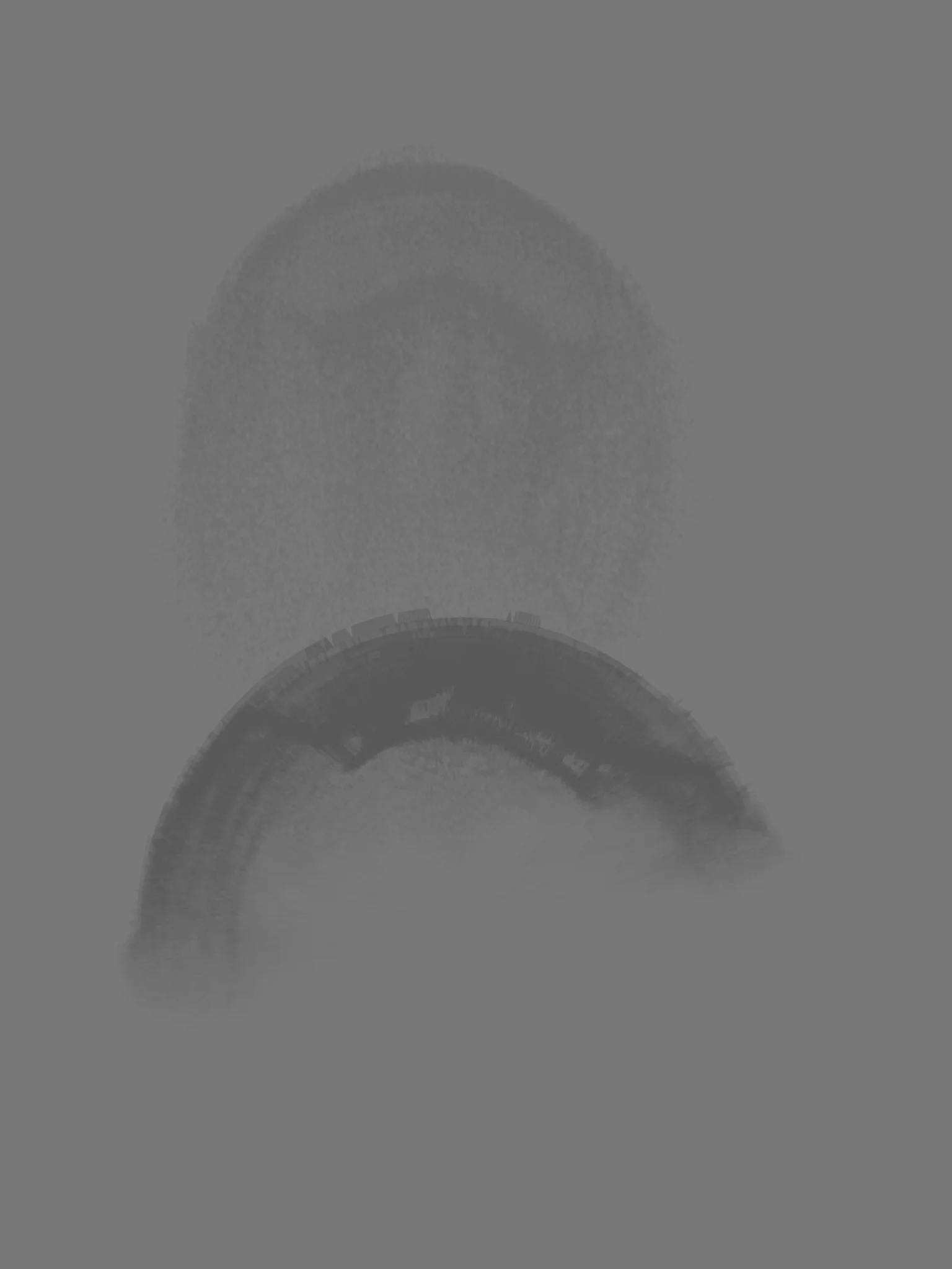 MATTHEW SWARTS Two overlapping, semi-transparent circular shapes in varying shades of gray are centered on a gray background, creating a soft, abstract ART design with textured edges in the distinctive VISUAL style of MATTHEW SWARTS.