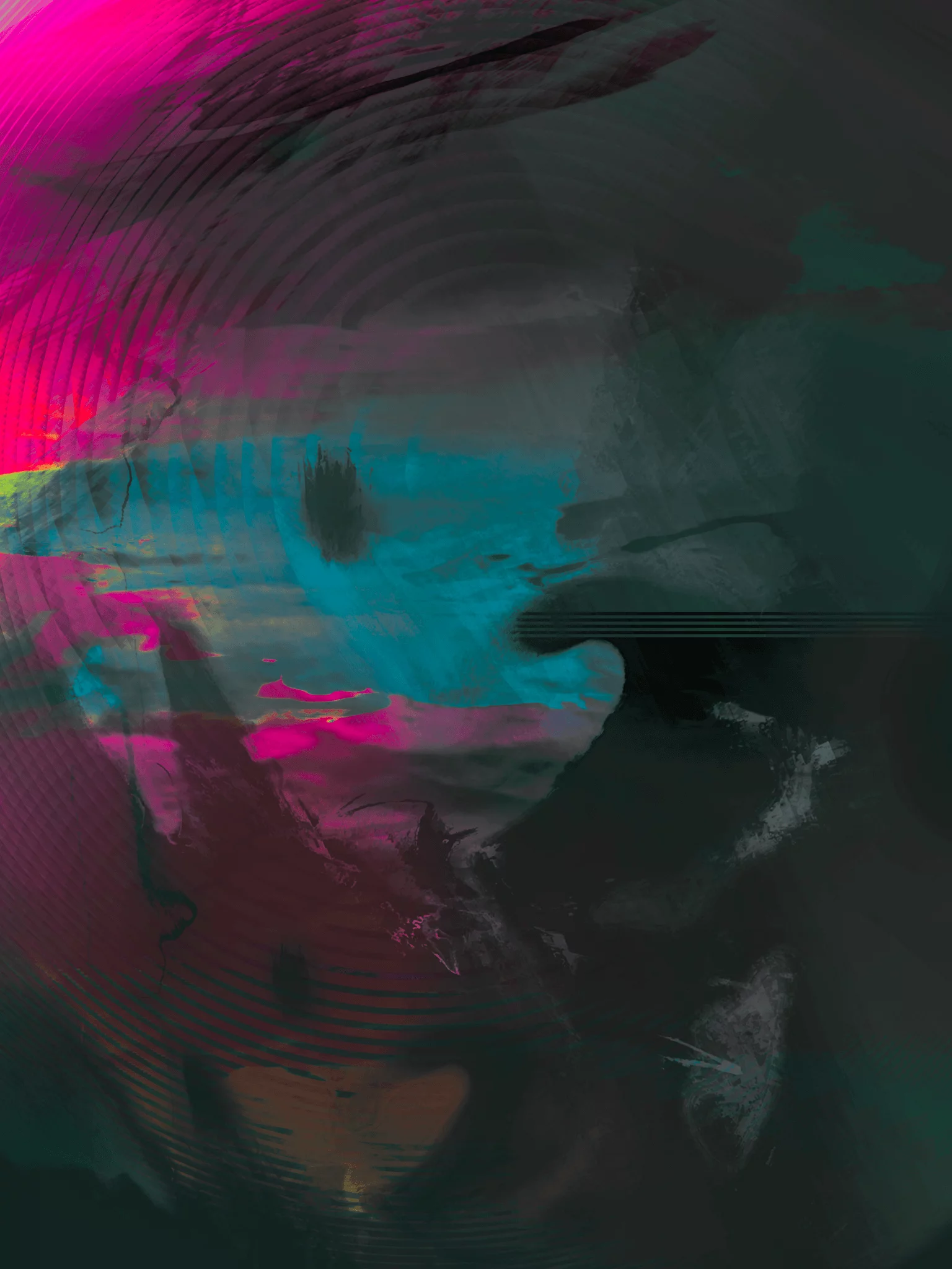 MATTHEW SWARTS Abstract digital artwork by MATTHEW SWARTS with swirling dark green, blue, and black tones. Bright neon pink and turquoise accents create a sense of movement, with circular ripples and textured brush strokes throughout the composition.