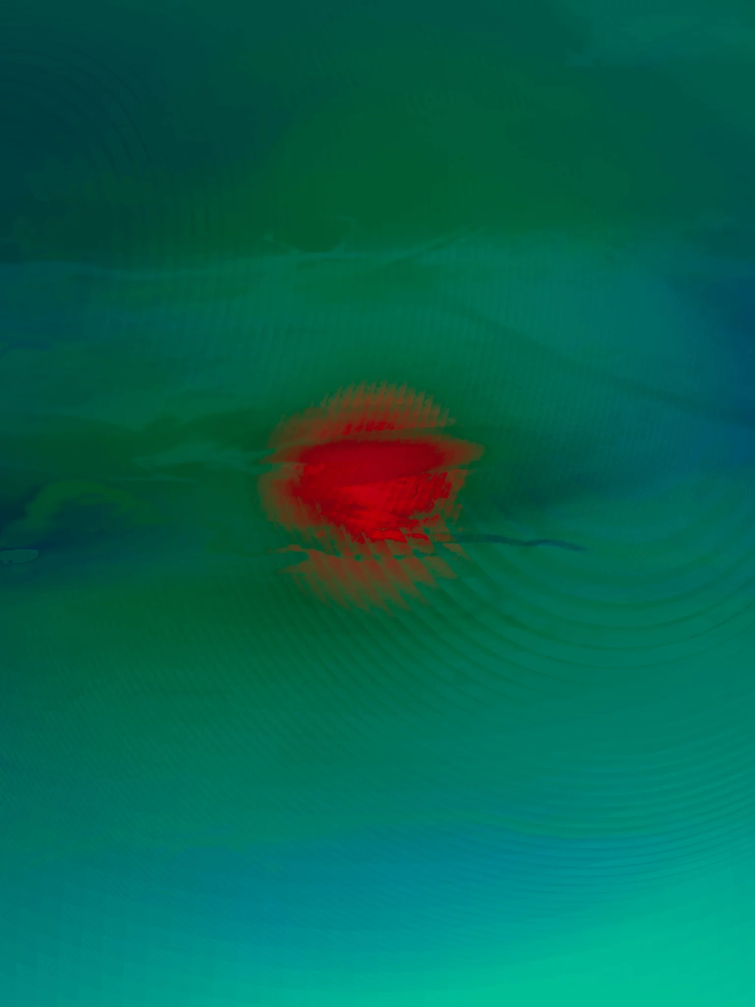 MATTHEW SWARTS Abstract ART image with a vibrant red oval shape in the center, surrounded by swirling shades of teal, green, and blue—capturing the dynamic movement and unique style of artist MATTHEW SWARTS.