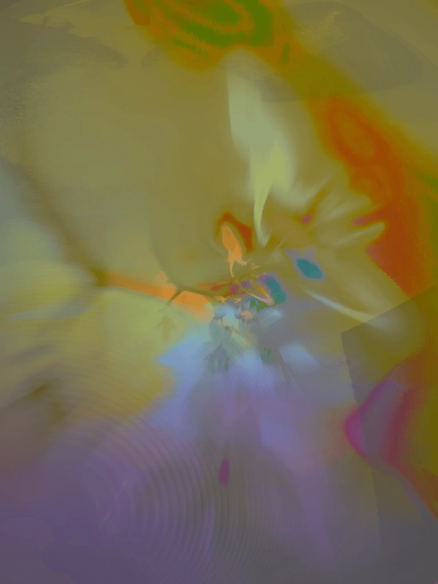 MATTHEW SWARTS Abstract image with swirling colors of yellow, green, purple, and blue blending together, evoking a dreamy, ethereal effect. This contemporary art piece by Matthew Swarts features soft edges and fluid shapes without discernible objects or figures.