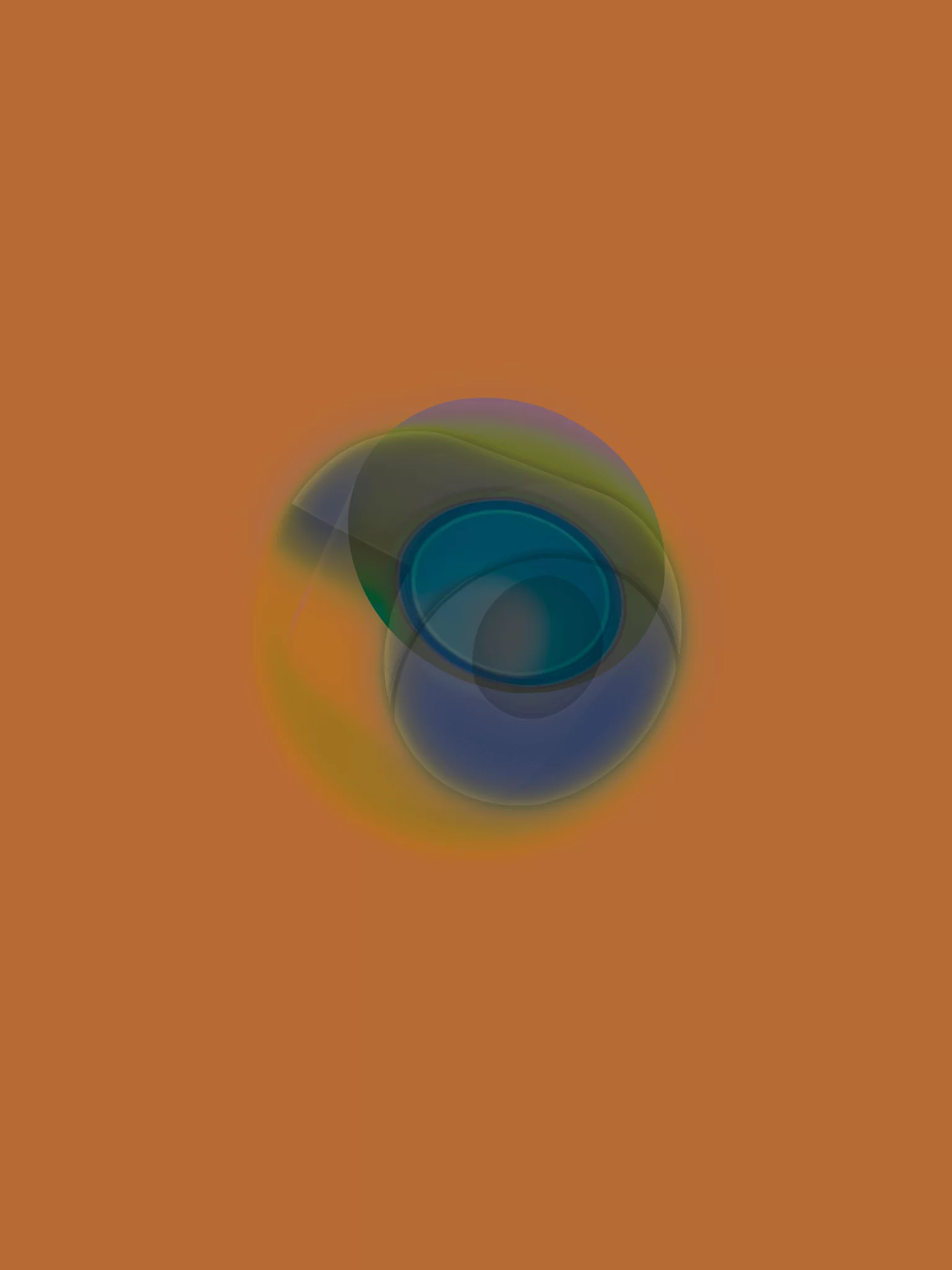 MATTHEW SWARTS Abstract digital art by visual artist Matthew Swarts featuring layered translucent ovals in blue, green, and purple, forming a central shape with a glowing effect on a solid burnt orange background.