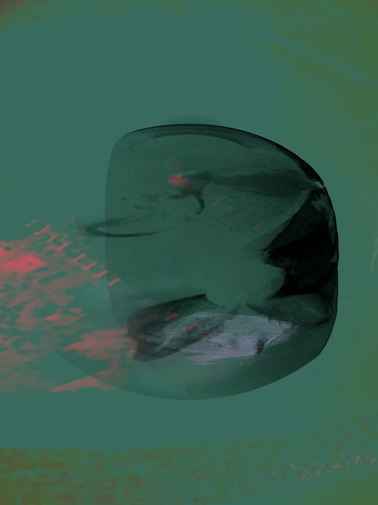 MATTHEW SWARTS Abstract digital artwork by a contemporary artist, featuring a dark, semi-transparent, rounded shape against a muted green background, with streaks of red and hints of white and black blending into the form and extending outward.