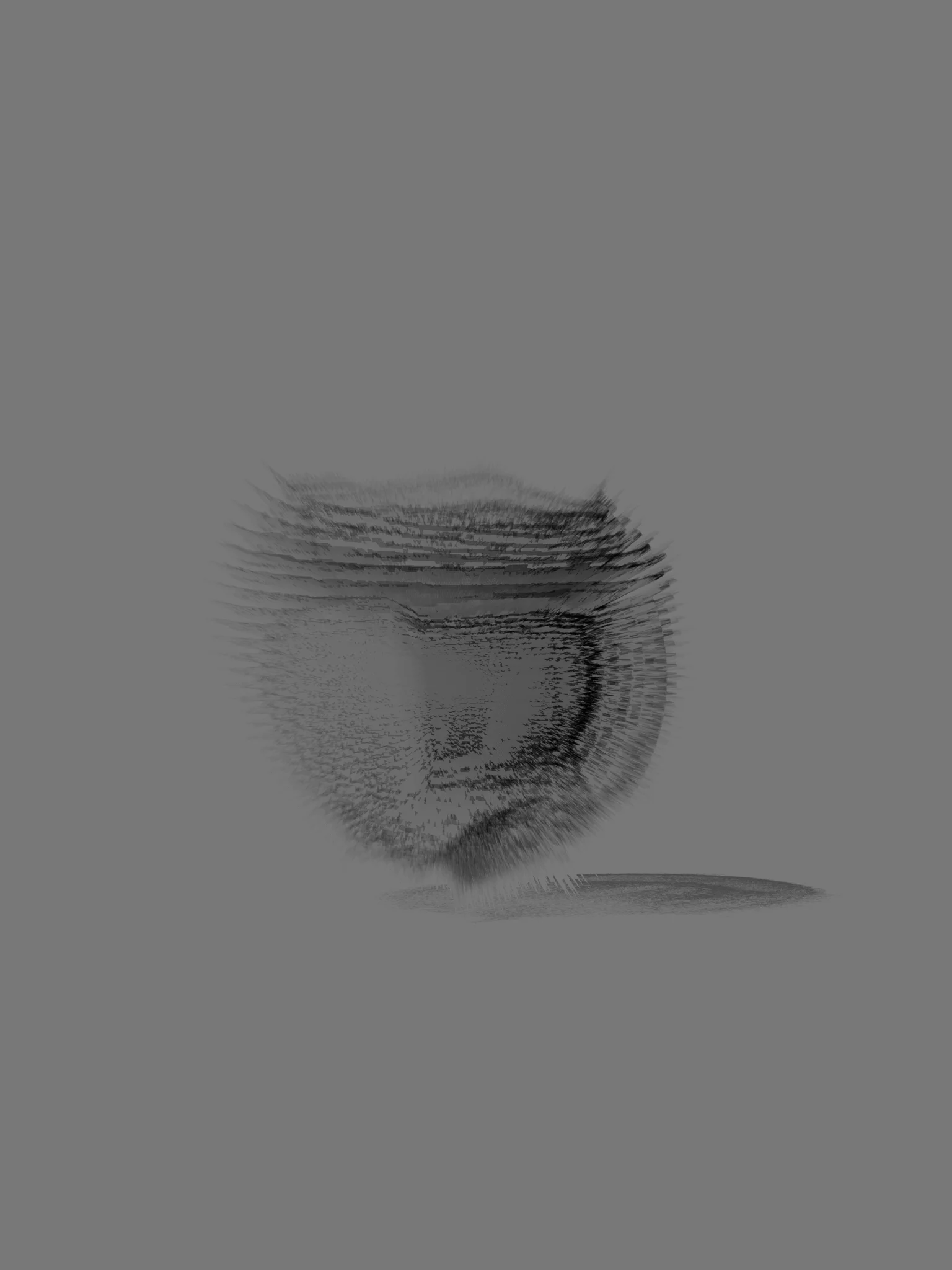 MATTHEW SWARTS A blurry, grayscale image of a round object, possibly a bowl or cup, with distorted lines and a faint shadow on a gray background reflects the abstract photography style of artist Matthew Swarts.