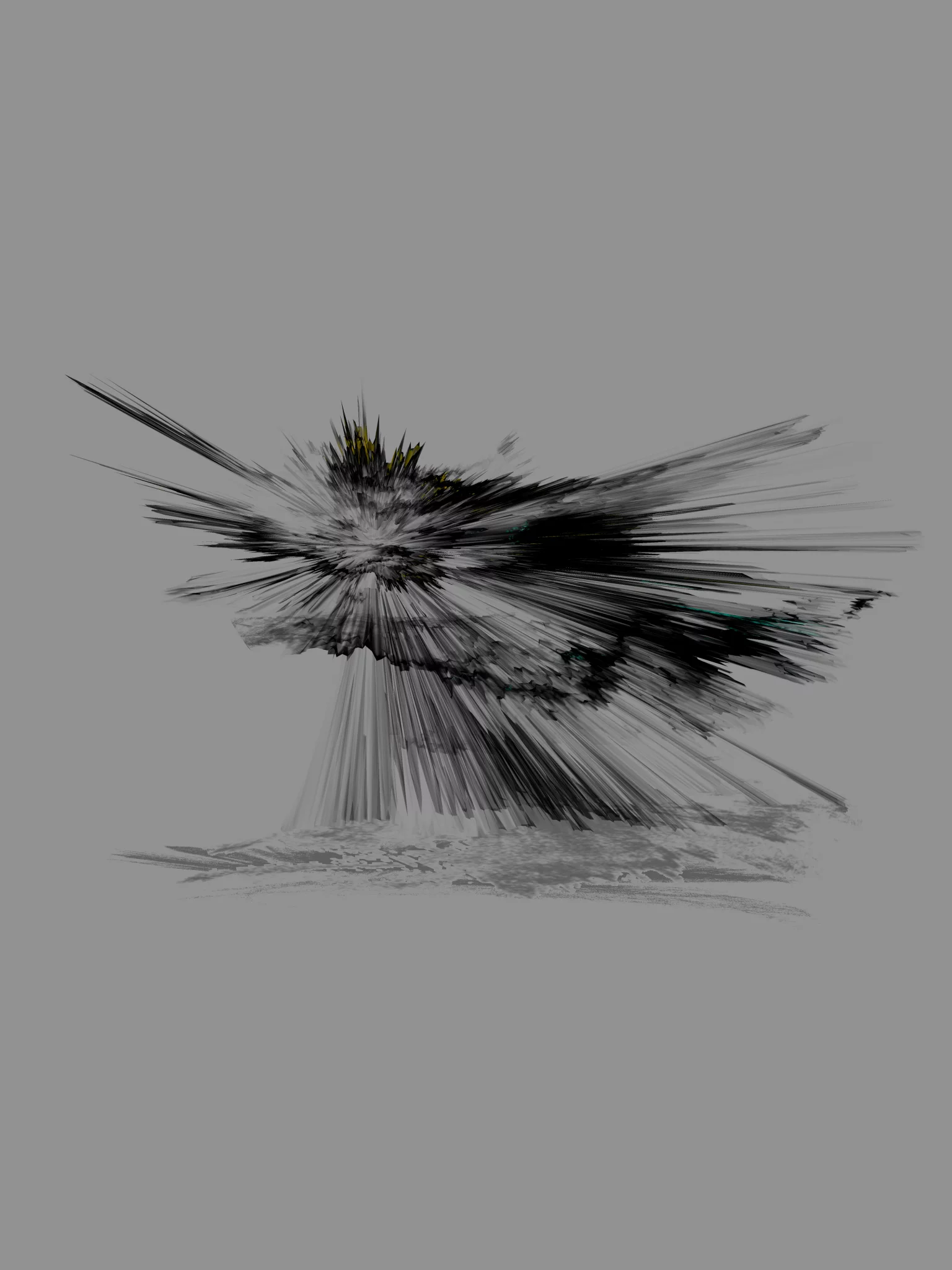 MATTHEW SWARTS Abstract digital artwork by ARTIST MATTHEW SWARTS, showing a burst of black, white, and gray lines radiating outward from a central point on a plain gray background with subtle hints of yellow near the center.
