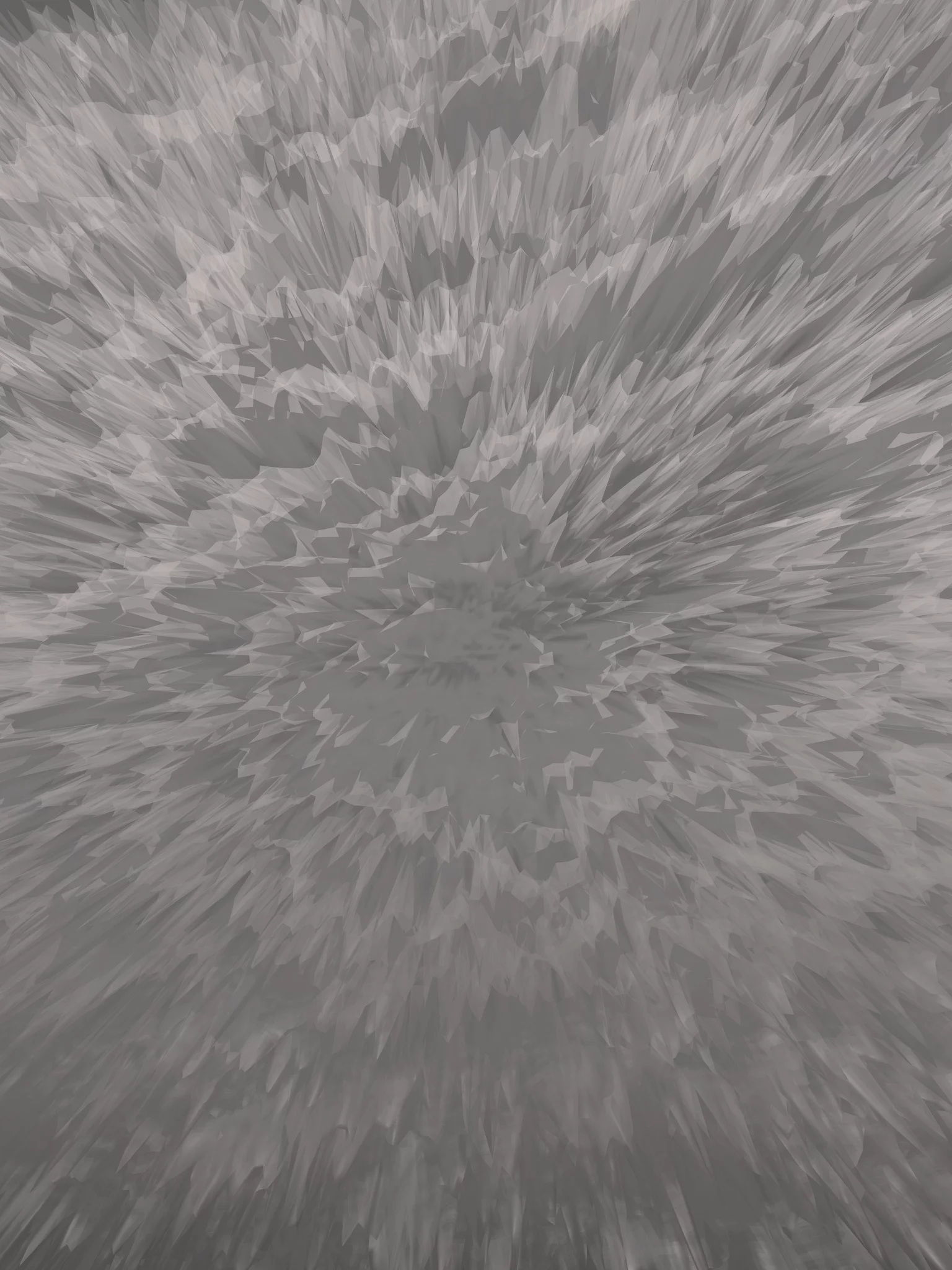 MATTHEW SWARTS Abstract image by artist Matthew Swarts featuring sharp, jagged, translucent gray and white shapes radiating outward from the center, creating a dynamic visual effect reminiscent of shattered glass or a burst of crystals.