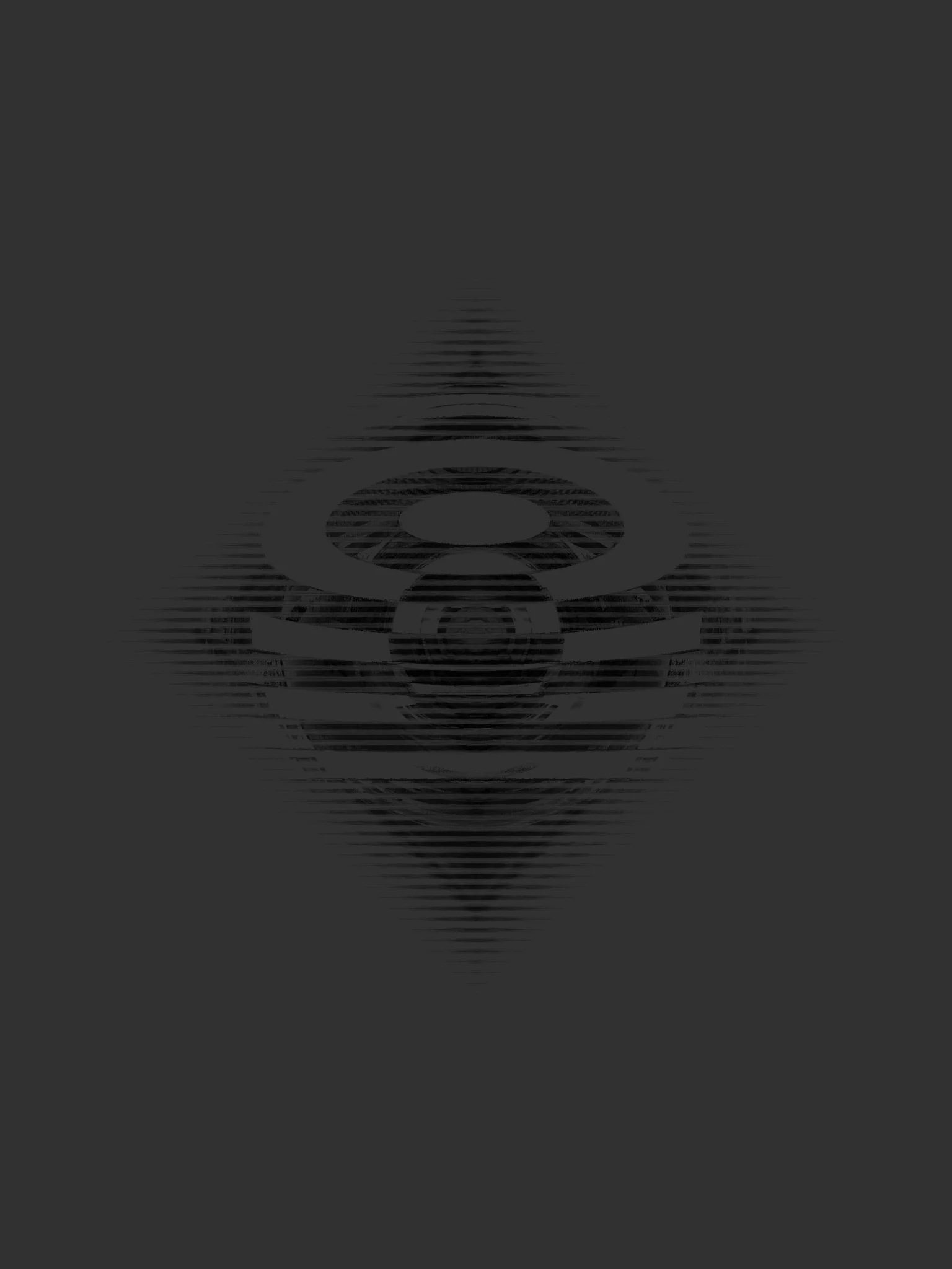 MATTHEW SWARTS Abstract geometric design with concentric circular shapes and horizontal lines, creating a distorted, symmetrical pattern in shades of dark gray on a nearly black background—perfect for lovers of contemporary art.