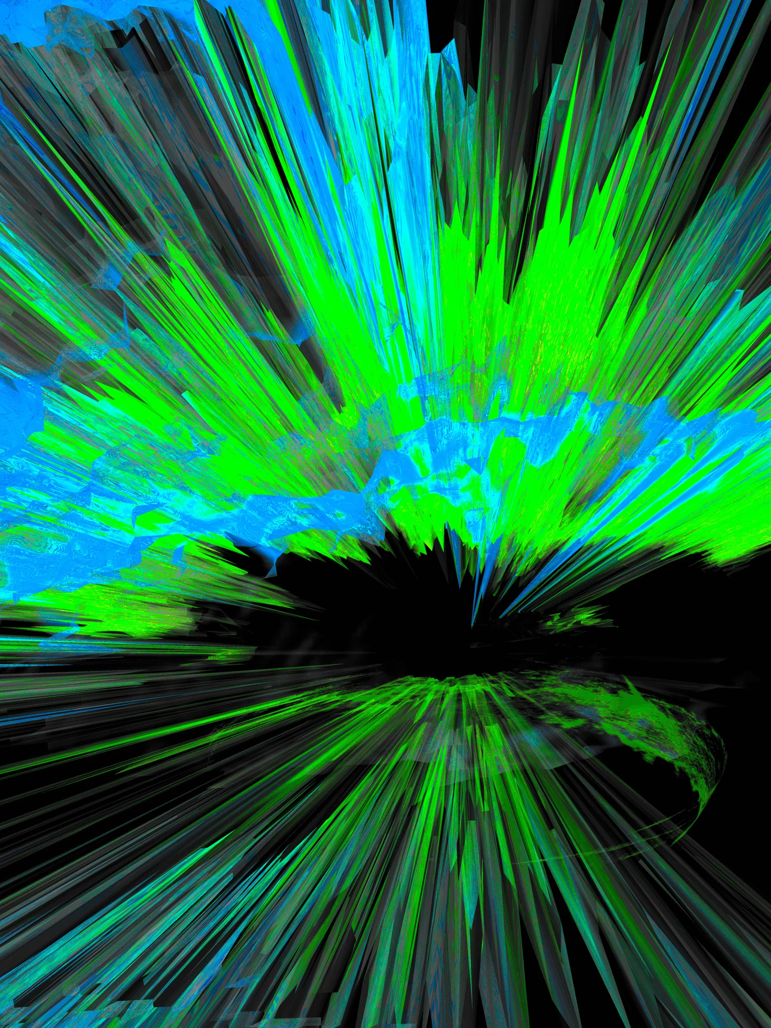 MATTHEW SWARTS Abstract digital artwork by Matthew Swarts featuring vibrant blue and green streaks radiating from a dark center, creating a dynamic, explosive visual effect against a black background—blurring the lines between art and photography.