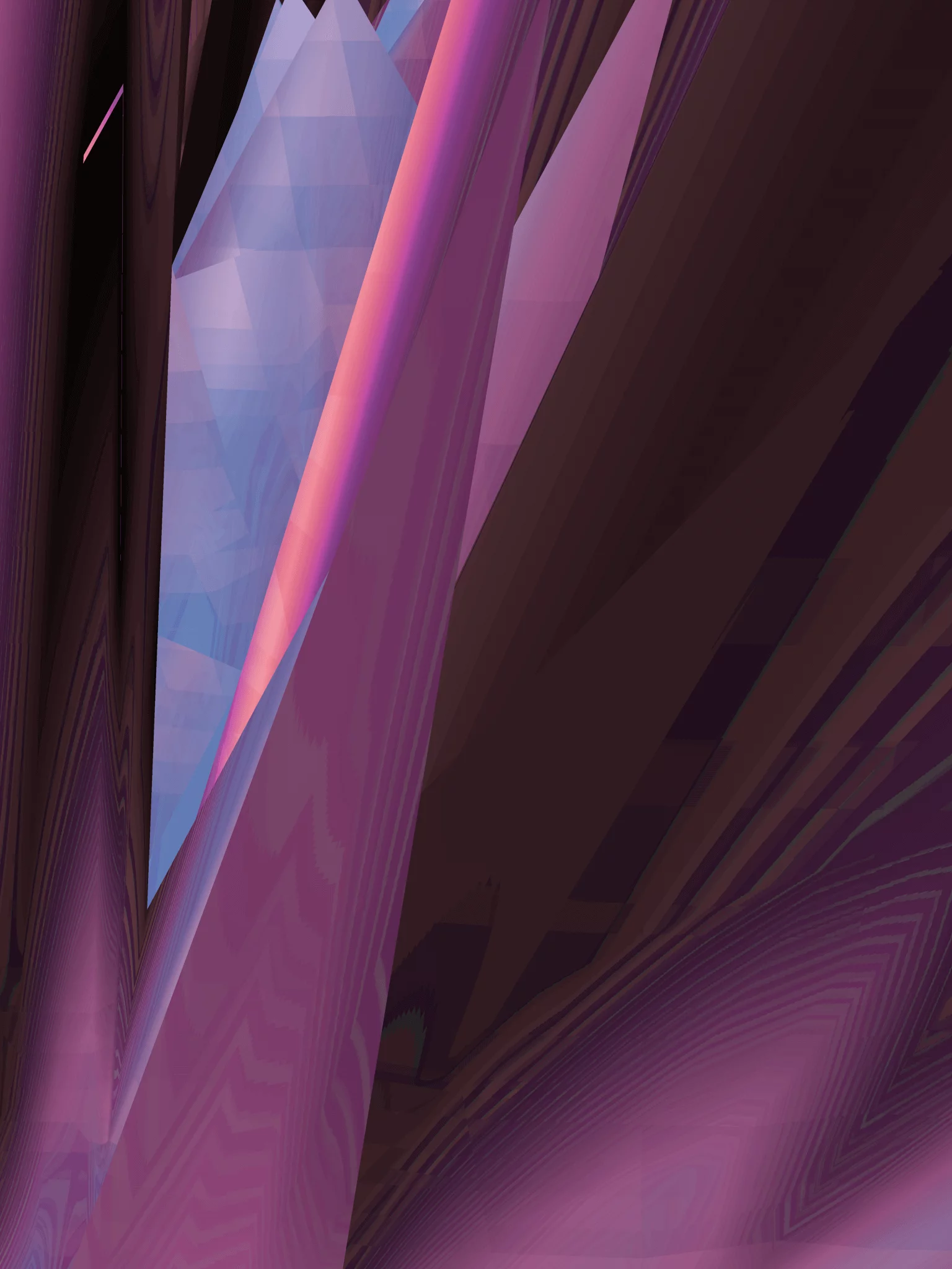 MATTHEW SWARTS Abstract digital artwork featuring intersecting, angular shapes in shades of purple, pink, and blue. This contemporary visual art piece has a dynamic, layered appearance with gradients and light reflecting on smooth surfaces.