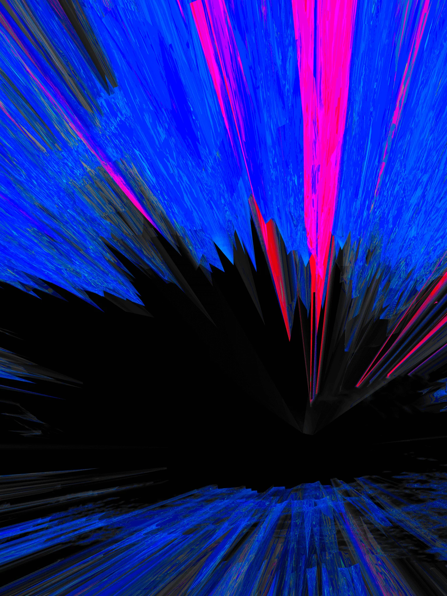 MATTHEW SWARTS Contemporary abstract digital artwork featuring vivid streaks of blue and pink radiating outward from a central black void, creating a dynamic, energetic explosion effect against a dark background—a striking piece of visual art.