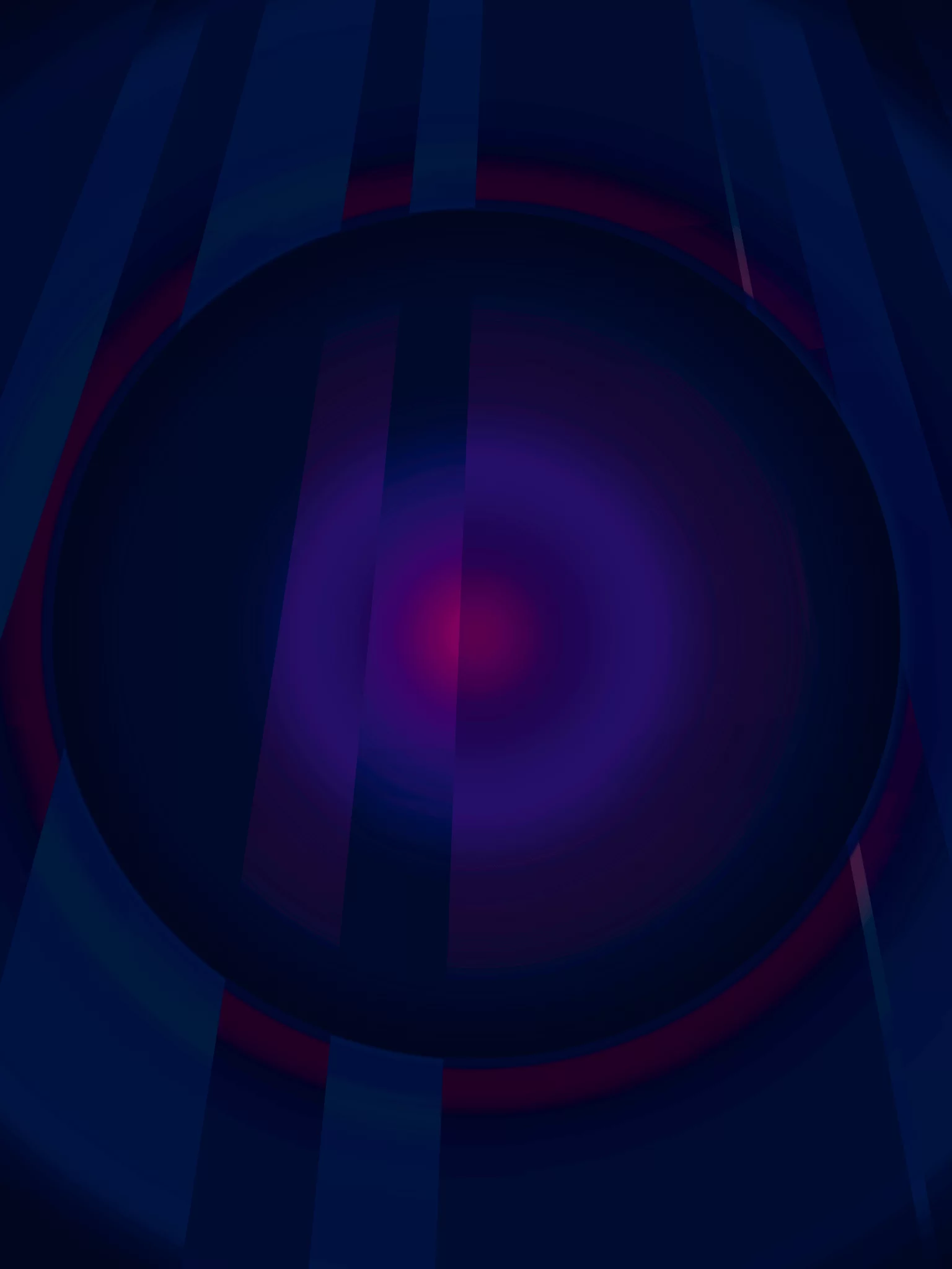 MATTHEW SWARTS Contemporary abstract image with dark blue tones, a large circular shape in the center, and radiating purple and red gradients. Vertical translucent blue stripes cross the visual composition, creating a sense of depth and motion.