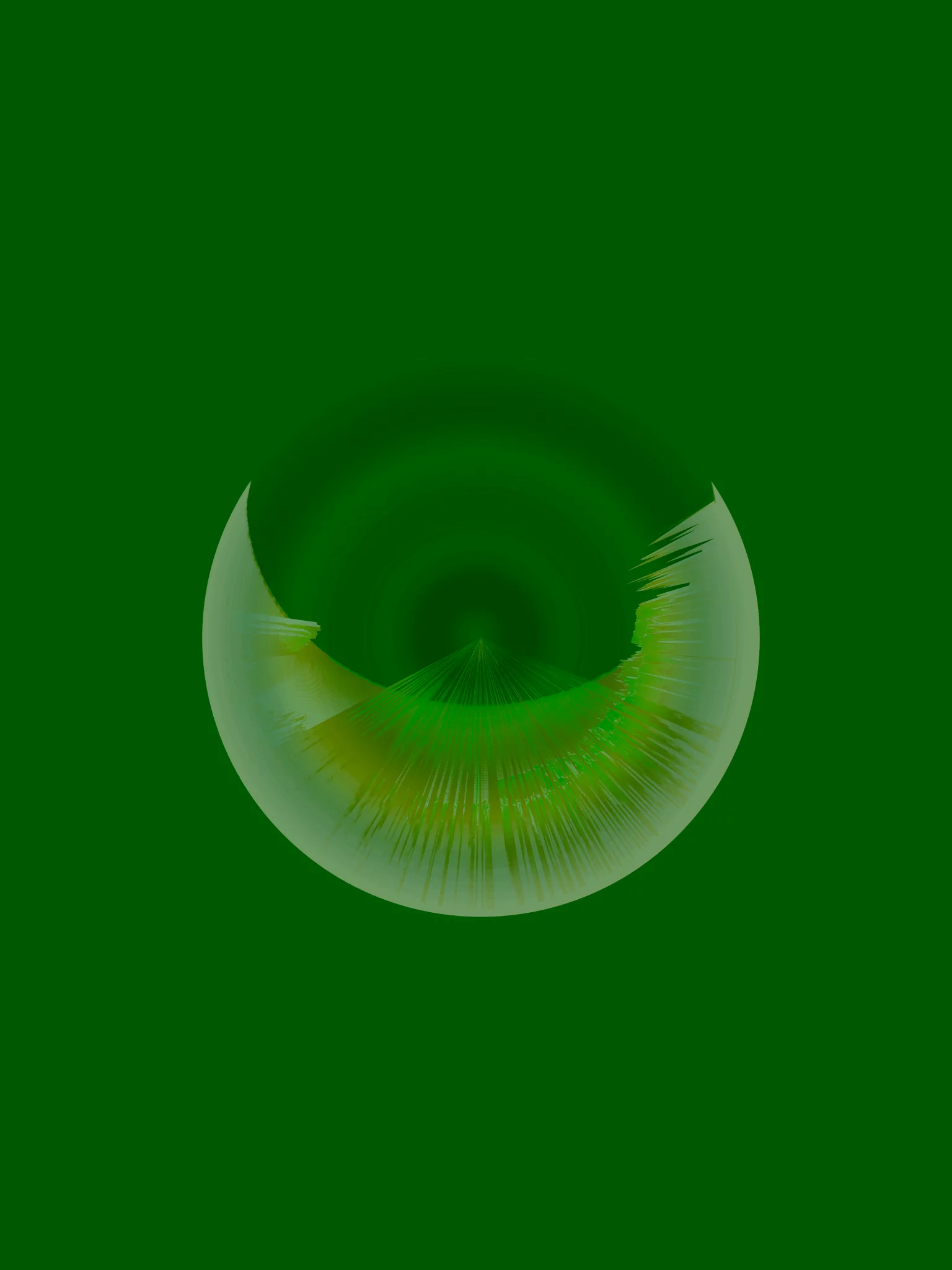 MATTHEW SWARTS A circular, semi-transparent abstract shape with jagged edges and green hues appears centered on a solid dark green background—a striking visual reminiscent of photography by Matthew Swarts. The shape’s lower half has textured, radial lines.