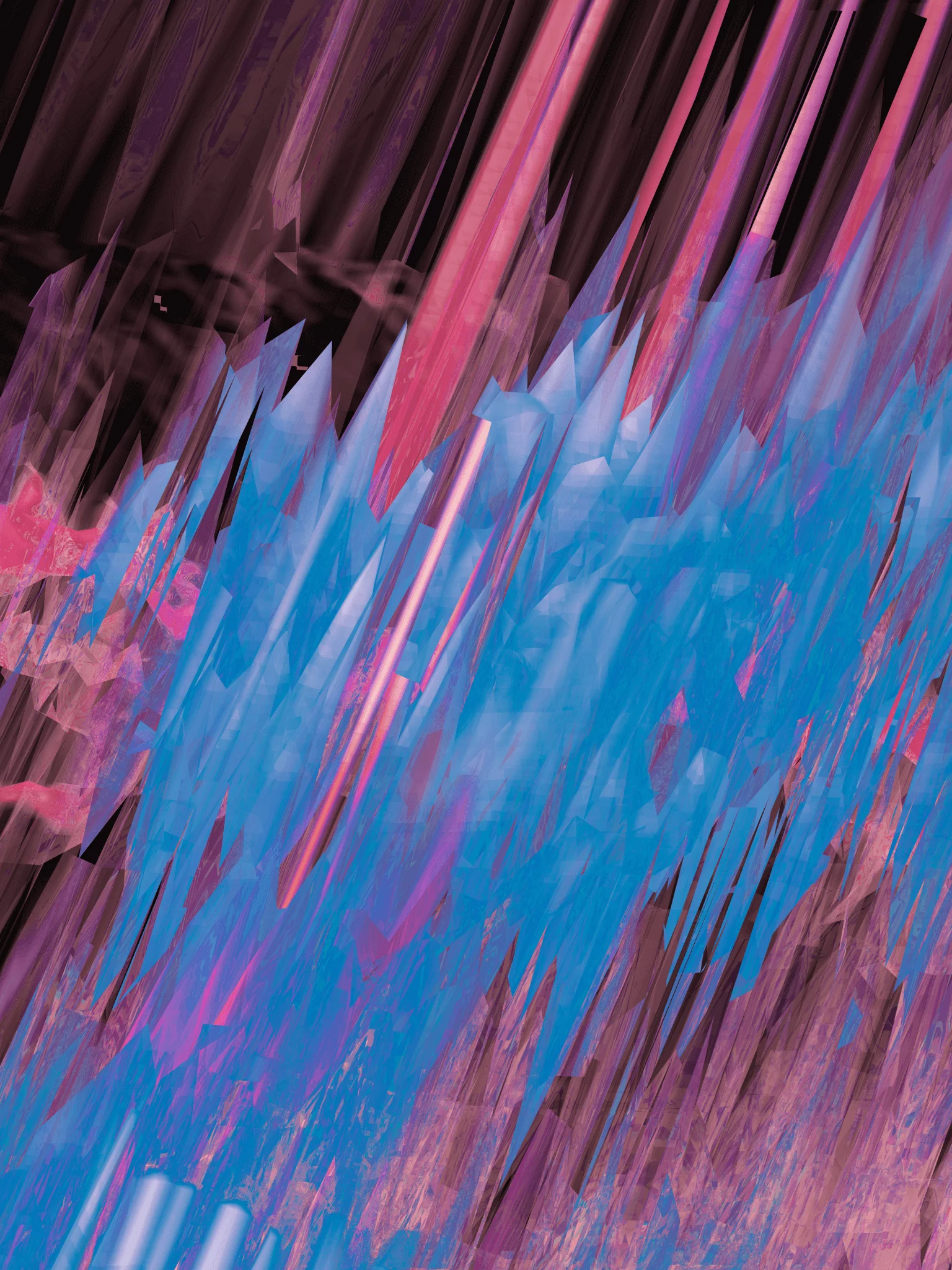 MATTHEW SWARTS Abstract digital artwork in a contemporary style, featuring jagged, sharp-edged streaks of blue, pink, and purple. The dynamic motion and vibrant colors recall the expressive photography of Matthew Swarts.