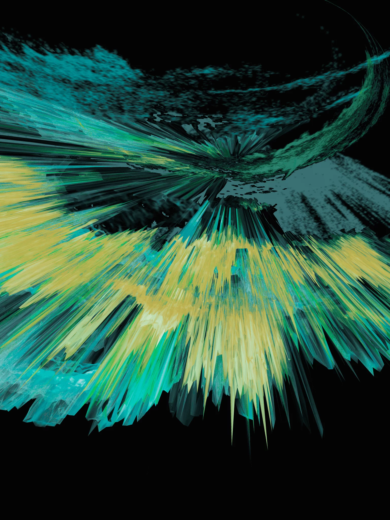 MATTHEW SWARTS Abstract digital art by Matthew Swarts featuring dynamic streaks of teal, yellow, and green radiating outward from a dark center, creating a contemporary, energetic effect against a black background.