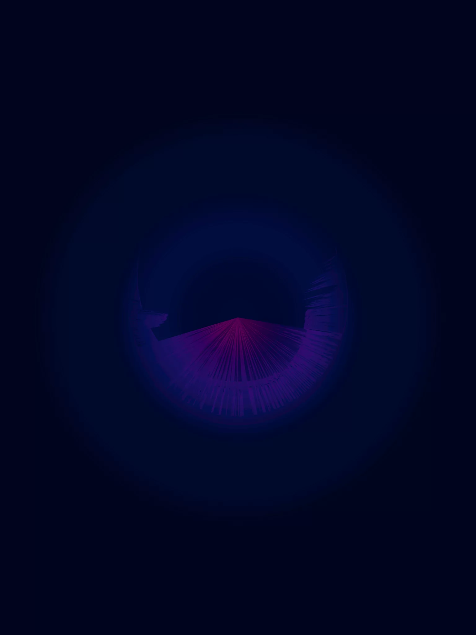 MATTHEW SWARTS Contemporary circular abstract graphic by artist Matthew Swarts features radiating lines in pink and purple on a dark blue background, evoking a digital eye or energy field with a glowing central point and subtle concentric circles.