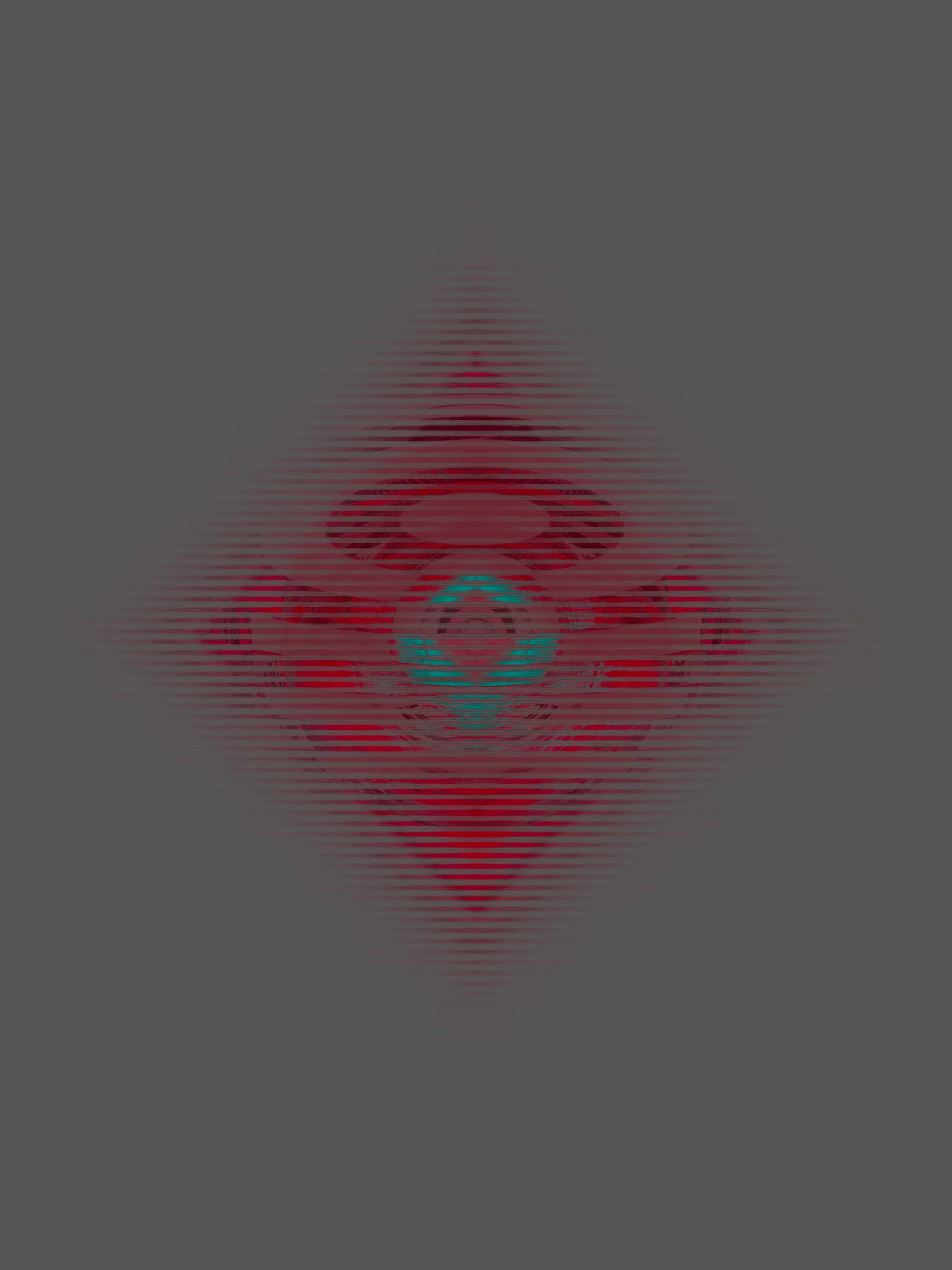 MATTHEW SWARTS Abstract digital art featuring a diamond-shaped pattern with red, teal, and black hues. The image showcases a glitch effect and a central circular element against a gray background, creating a striking visual style.