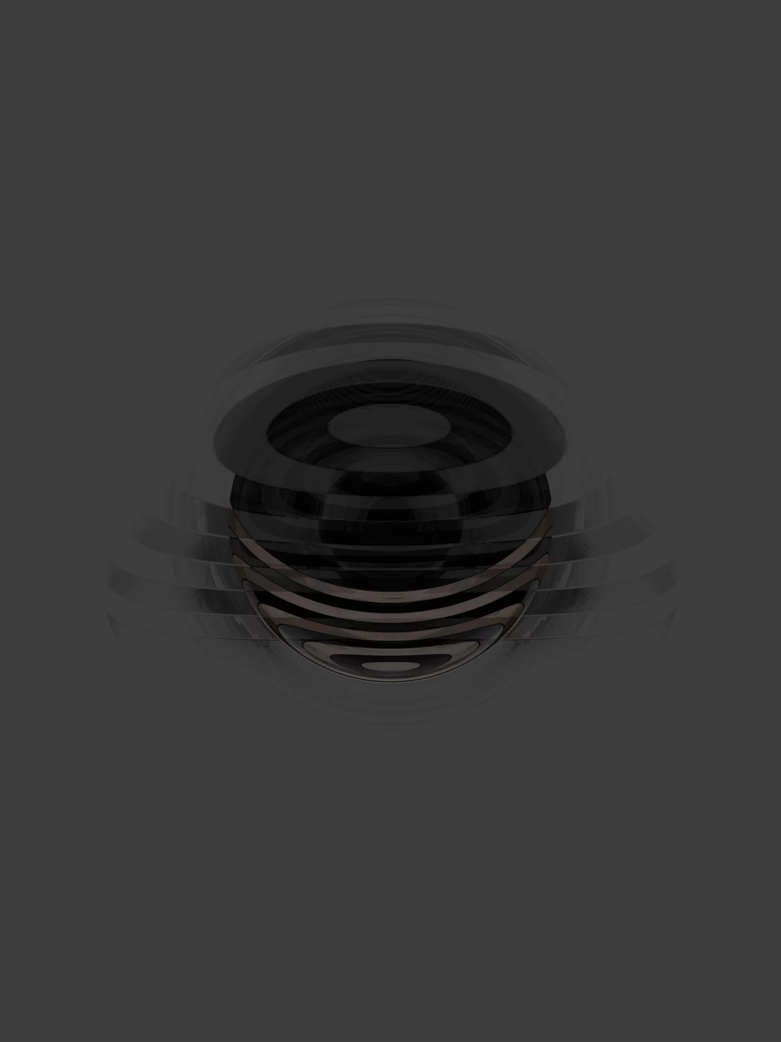 MATTHEW SWARTS A dark, glossy, spherical object with layered, concentric rings sits centered on a gray background, creating a subtle ripple effect that radiates outward—a striking piece of contemporary visual art.