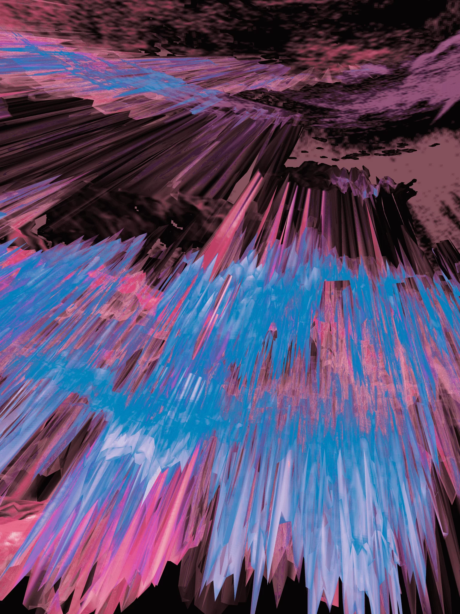 MATTHEW SWARTS Abstract digital art created by a visionary artist, featuring jagged, crystalline spikes in blue, pink, and purple hues across a dark background. The energetic piece showcases sharp lines and vibrant colors for a captivating visual impact.