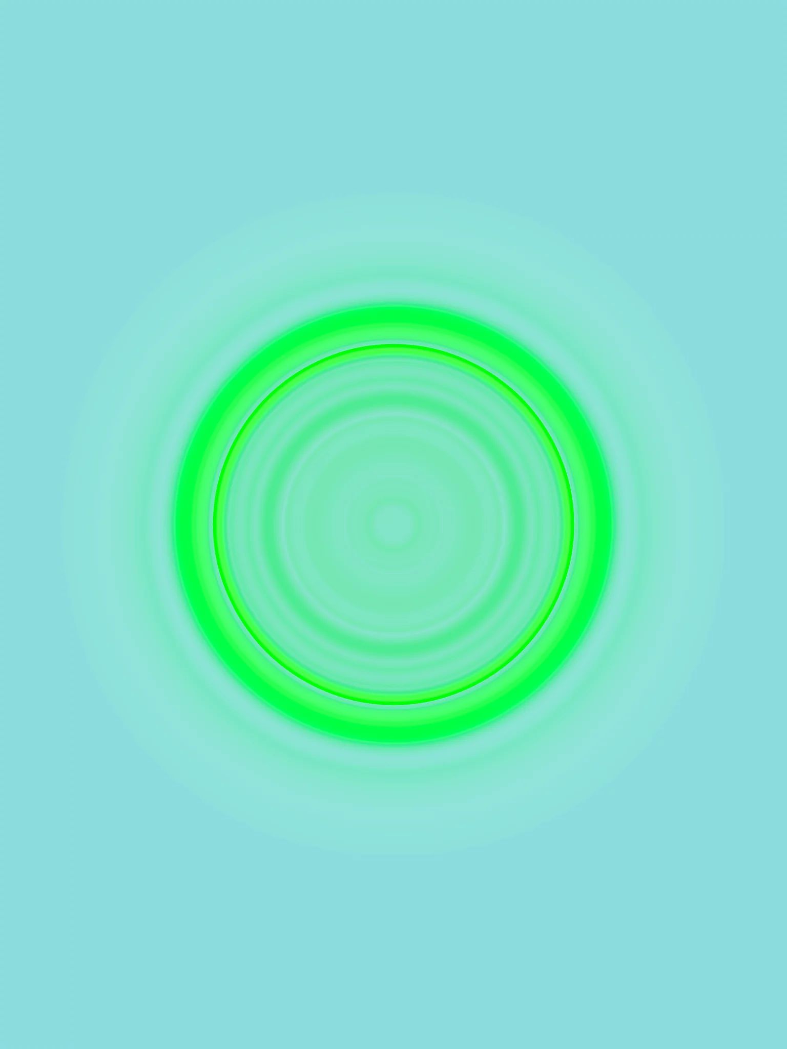 MATTHEW SWARTS A bright neon green circular ring with glowing, blurred edges surrounded by concentric circles on a light blue background. This radiant image embodies the abstract vision of an ARTIST, blending light and color in a soft, artistic display.