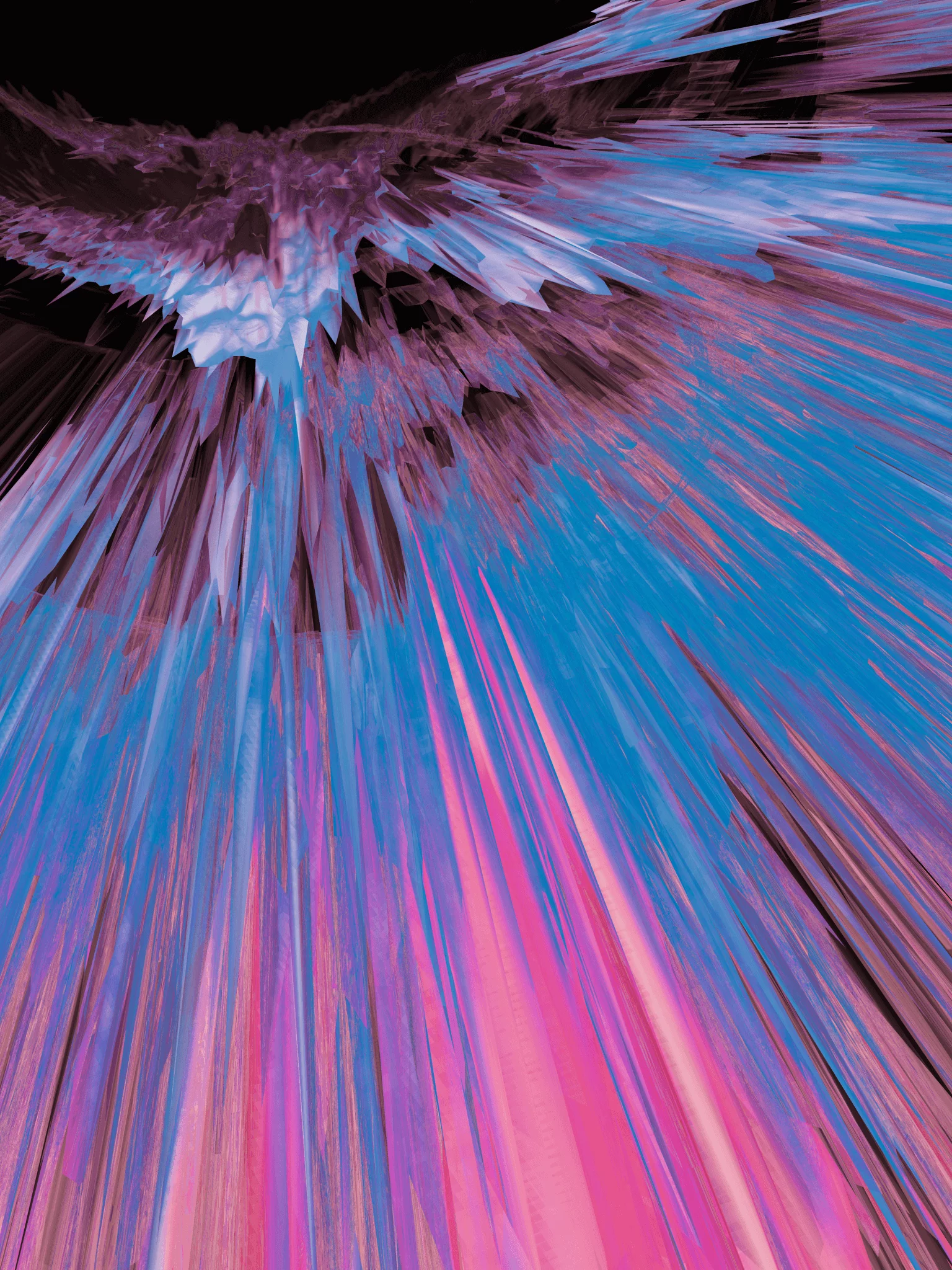 MATTHEW SWARTS Abstract digital ARTWORK featuring sharp, jagged streaks of blue, pink, and purple radiating outward from a dark upper section, creating a dynamic, energetic effect against a mostly black background—a striking piece of CONTEMPORARY ART.