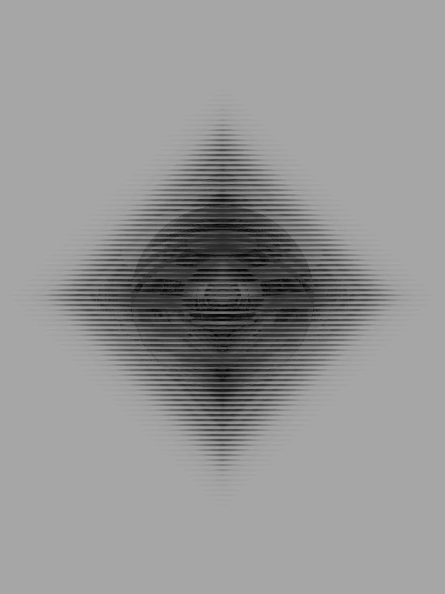 MATTHEW SWARTS An abstract geometric design with black horizontal lines forming a diamond shape on a gray background, MATTHEW SWARTS photography style creates a visual illusion of depth and a central darkened area.